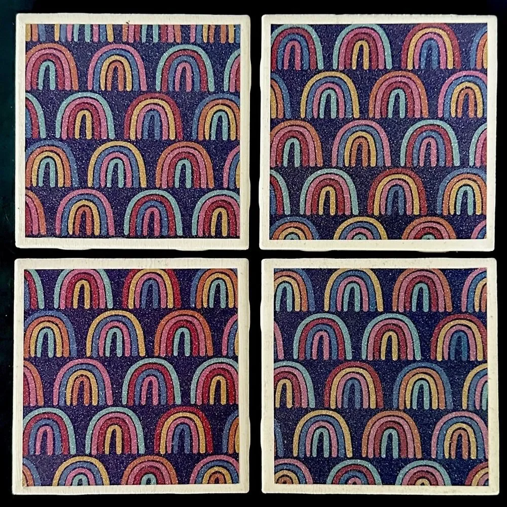 Set of 4 Rainbow Stone Coasters Cork Backed Glitter Retro Boho Dopamine Decor 4”